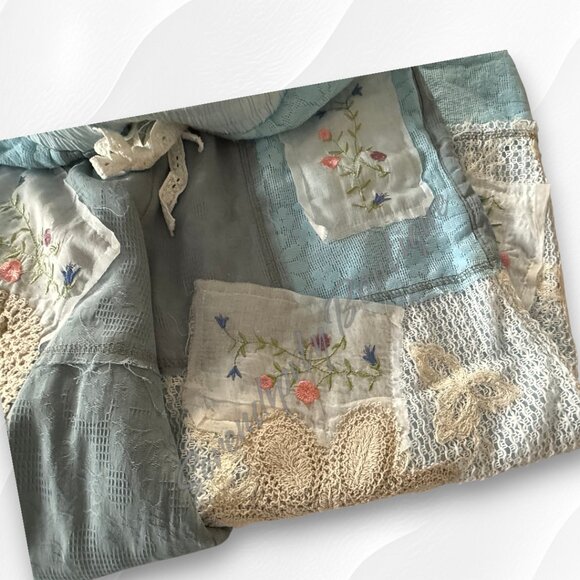 POL Lace & Patchwork Denim Gauze Super Baggy Flare Wide Leg Boho Pants - Picture 10 of 16